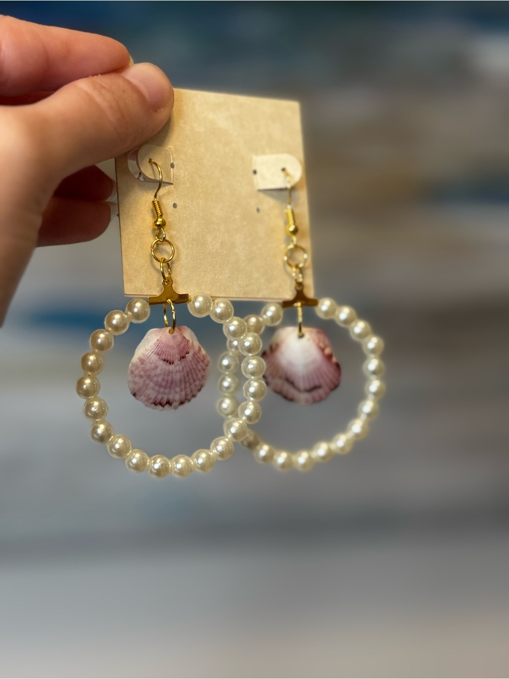 Gold Pearl Hoop Earrings with Pink Shell- Women's Jewelry